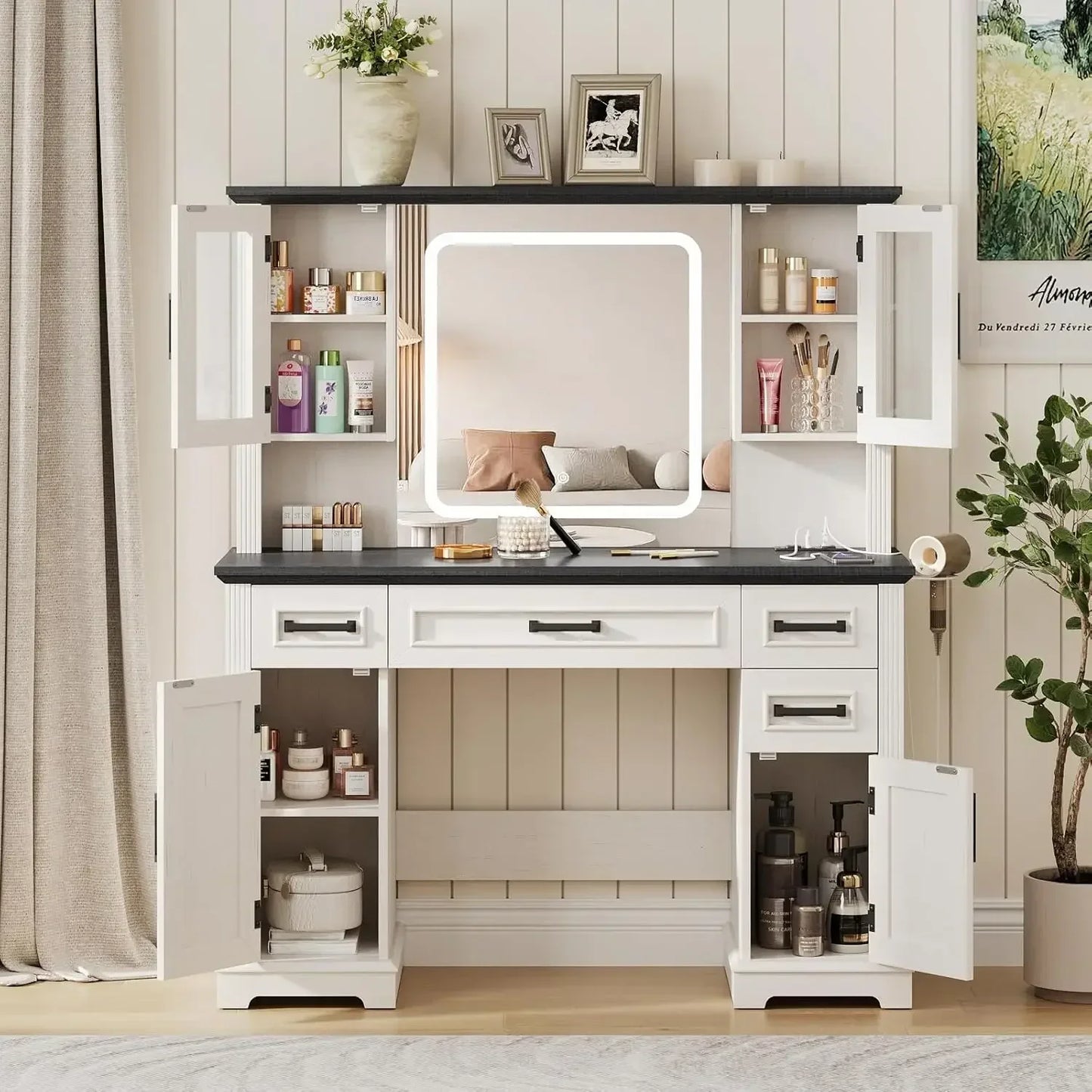 Farmhouse Vanity Desk with Mirror and Lights Makeup Table 45 Inch