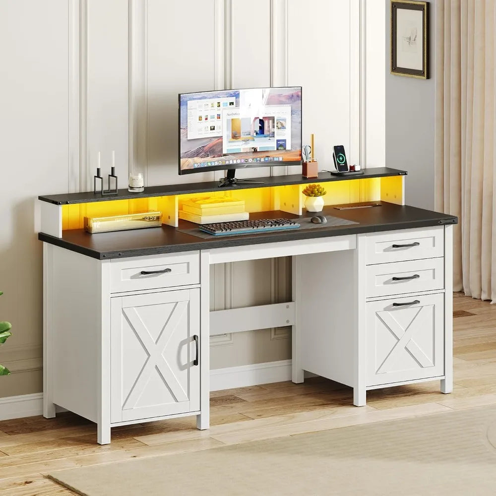 Farmhouse Executive Desk with Drawers LED Light Power Outlet Large