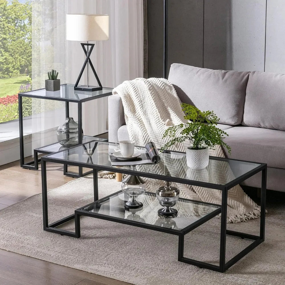 Modern Glass Coffee Table Set with 2 End Tables for Living Room