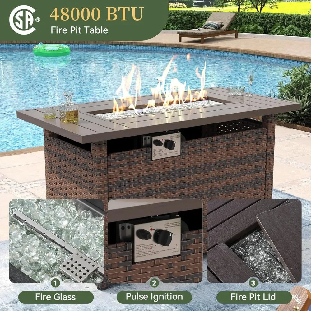 8-Piece Wicker Rattan Patio Furniture Set with Fire Pit Table and Cushions