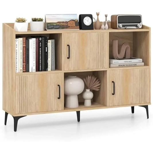 "Storage Cabinet, Sideboard with 3 Doors & 3 Open Compartments – Bookcase with 5 Metal Legs, Multi-Functional Buffet Table Desi