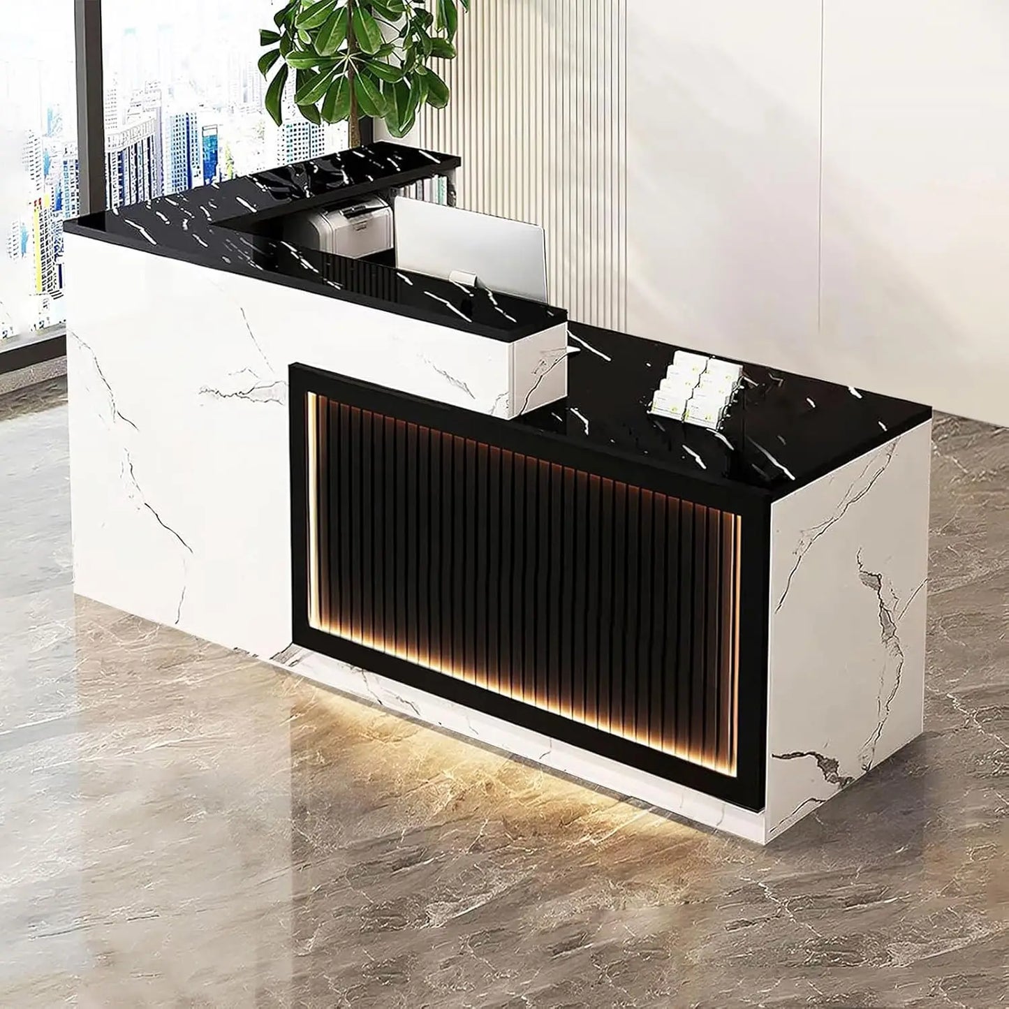 Modern L Shaped Reception Desk with LED Lights Office Front Counter
