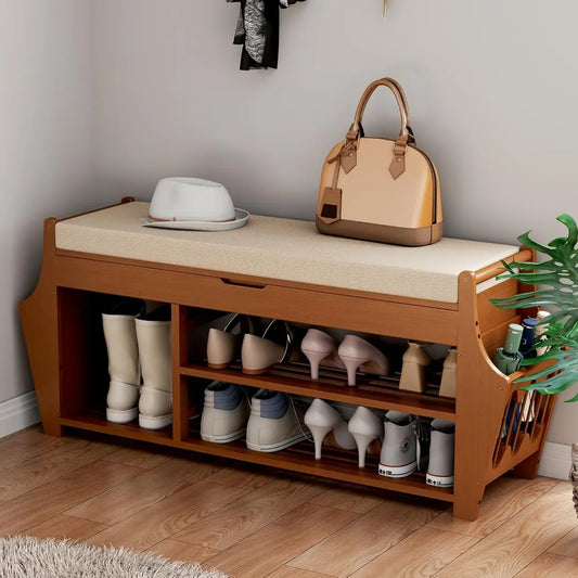 39.4in Bamboo Shoe Bench with Storage Cushion Entryway Organizer