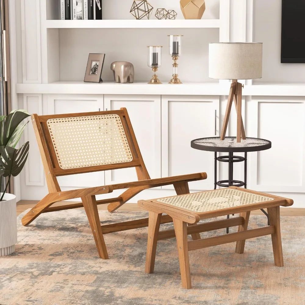 Mid Century Modern Accent Chair Ottoman Handwoven Rattan Teak Wood