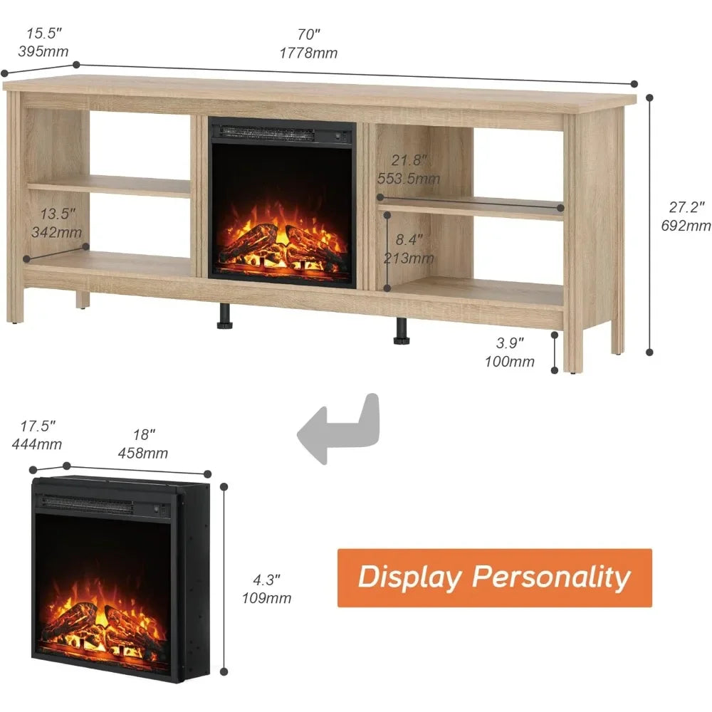 Electric Fireplace TV Stand for 75 Inch TV Modern Oak Console