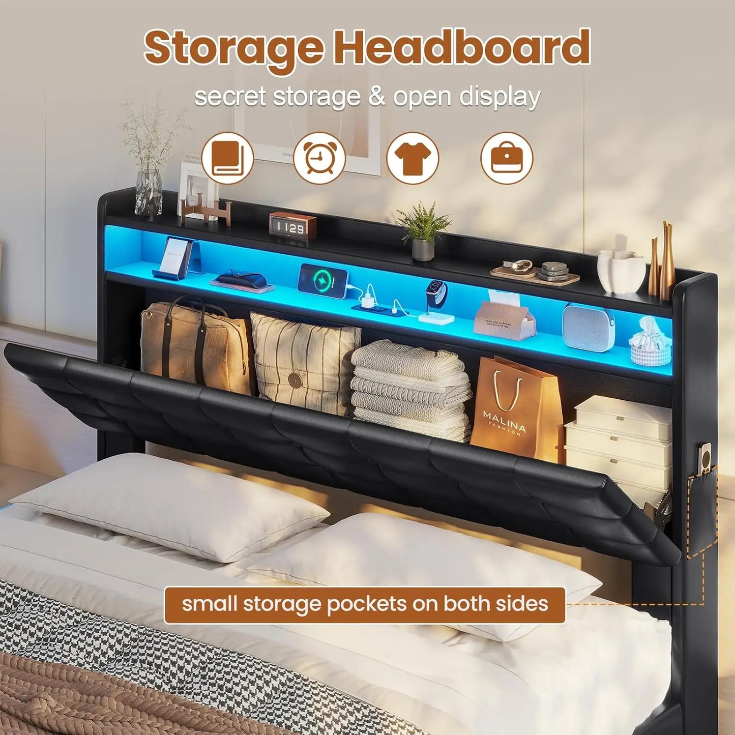 Lift Up Storage Queen Bed Frame with Charging Station and LED Lights
