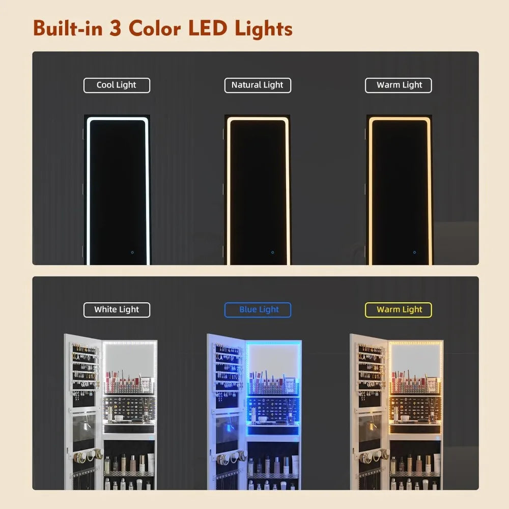 LED Mirror Jewelry Cabinet Full-Length Swivel Armoire with Lights