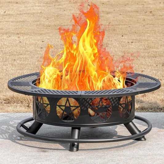 42 Inch Fire Pit with Grills Lid Poker Heavy Duty Outdoor BBQ
