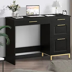 Modern Black Desk with Drawers for Home Office Small Spaces