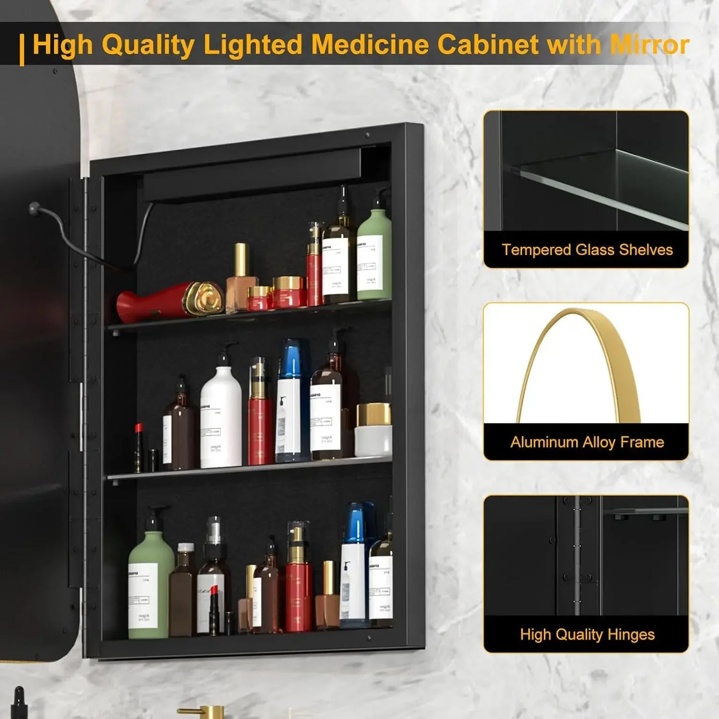 Lighted Arched Medicine Cabinet LED Mirror Recessed Bathroom Storage