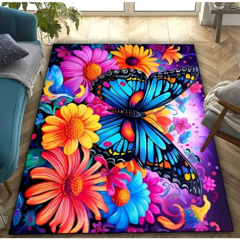 Colorful Butterfly Flower Pattern Non-Slip Machine Washable Rug