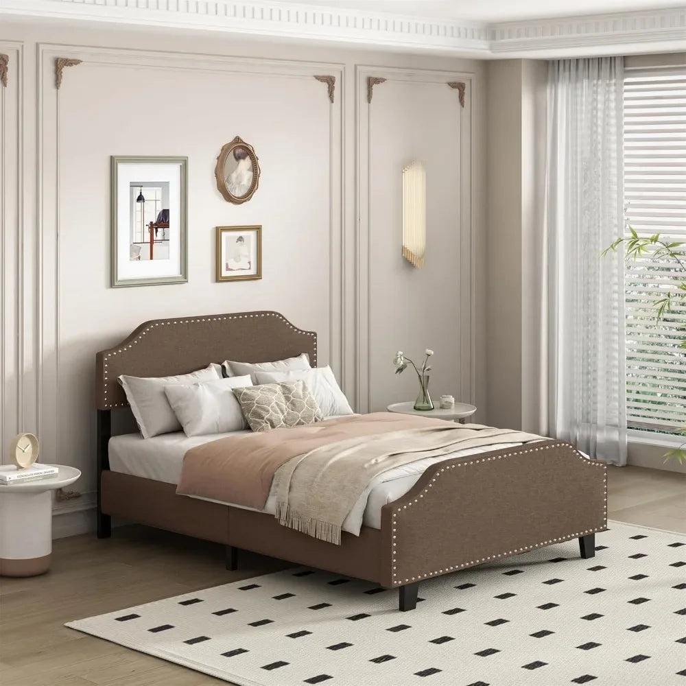 Linen Upholstered Bed Frame Curved Adjustable Headboard Easy Assembly