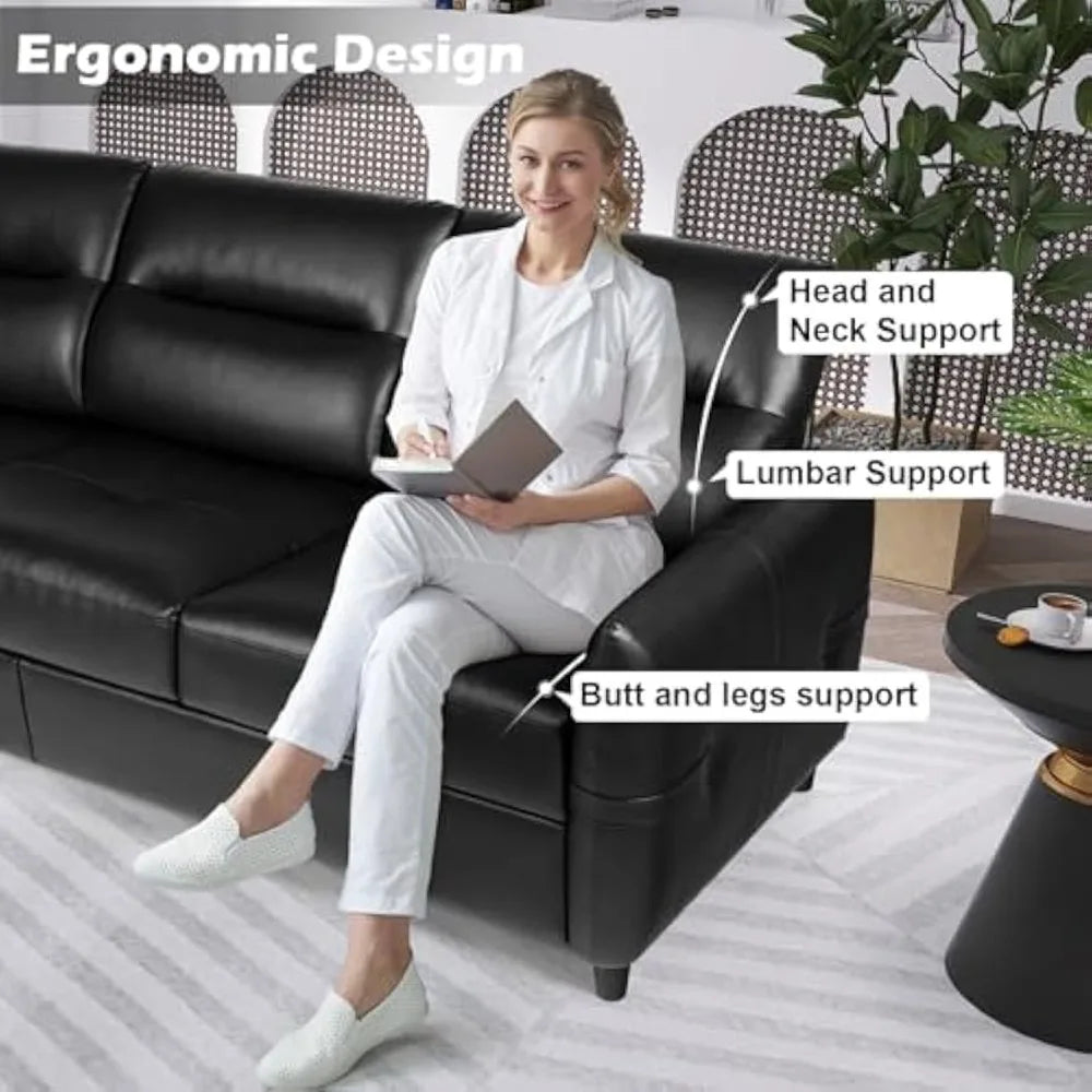 85" Faux Leather Sofa Black 3-Seater Couch with USB & Cup Holders, Modern Mid-Century Design