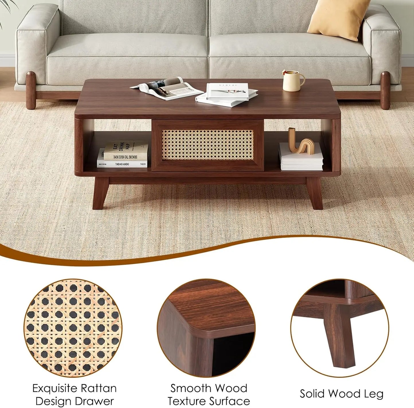Mid Century Modern Coffee Table with Rattan Drawer for Living Room