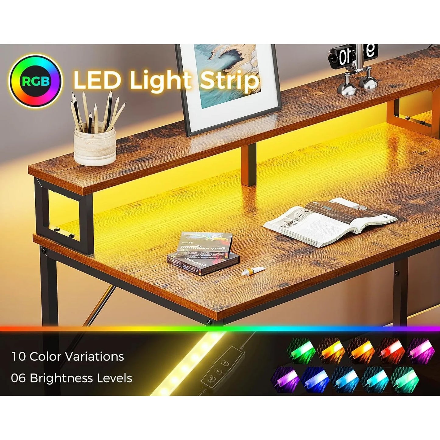 94 Inch Computer Desk for 2 with LED Light Power Outlet Storage