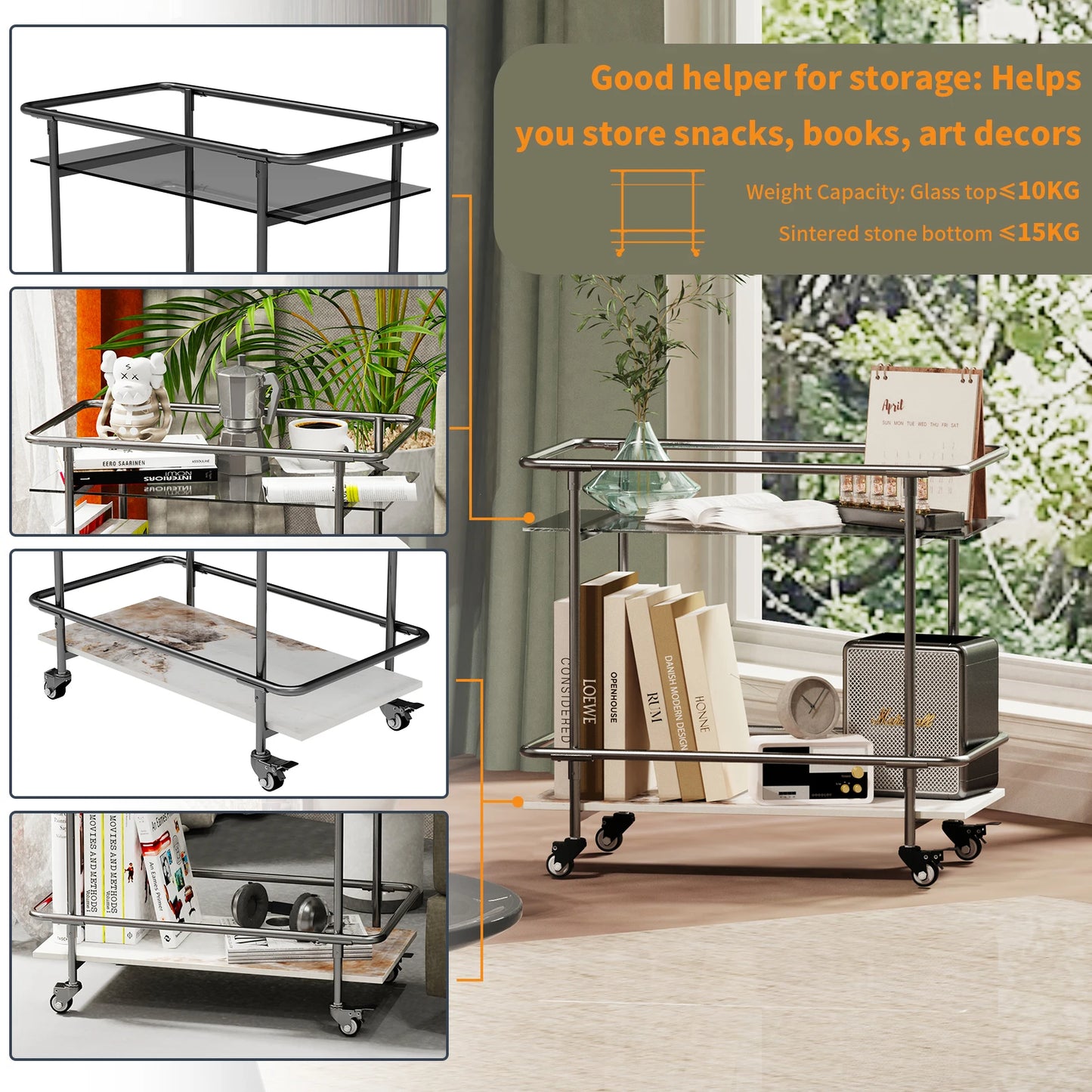 Luxury Modern Rolling Bar Cart 2-Tier Serving Cart with Lockable Wheels