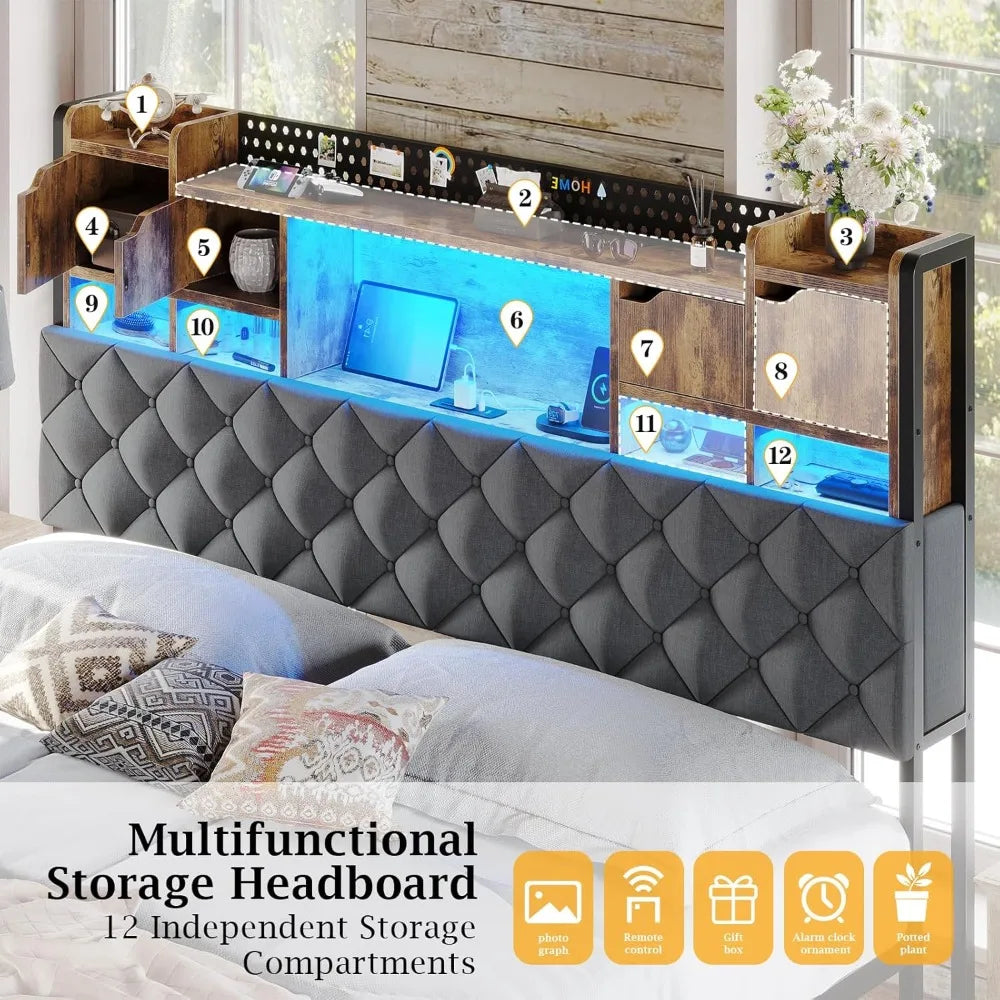 King Size Bed Frame with Storage Headboard LED Lighting Charging Station