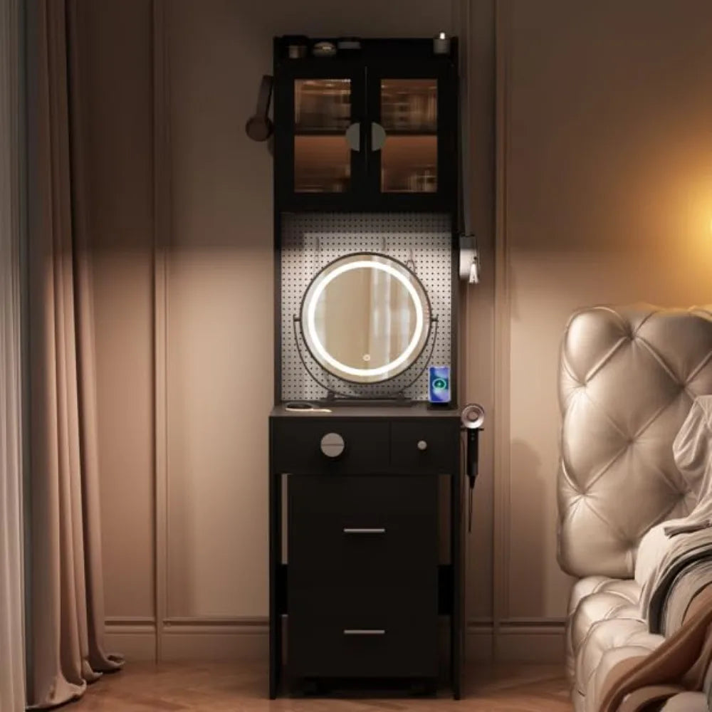 contemporary makeup vanity set with illuminated mirror and storage