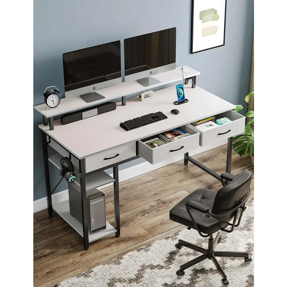 Computer Desk with Power Outlets LED Light Storage Shelves 47 Inch