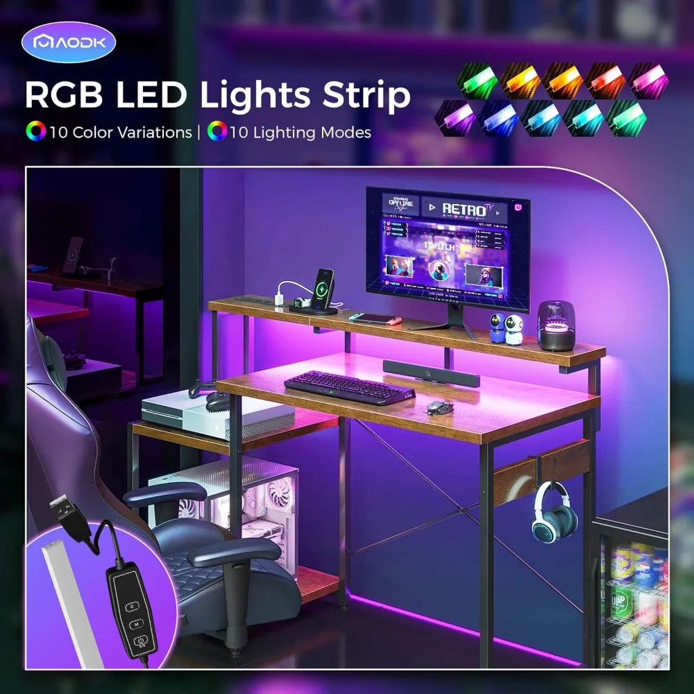 48 Inch Computer Desk Gaming Desk with LED Lights Power Outlet Shelves