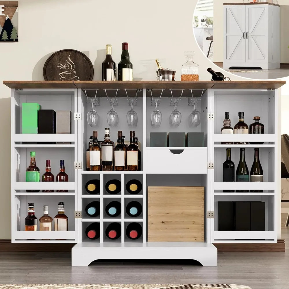 61 Inch Farmhouse Bar Cabinet with Wine Racks and Folding Storage