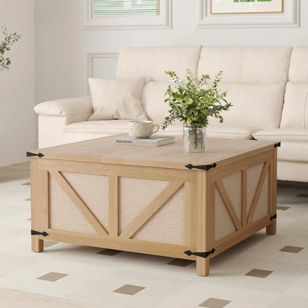 Lift Top Coffee Table Rattan Center Table Large Storage Farmhouse Style