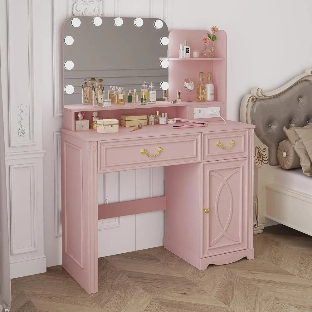 Makeup Vanity Desk with Lighted Mirror and Power Outlet for Bedroom