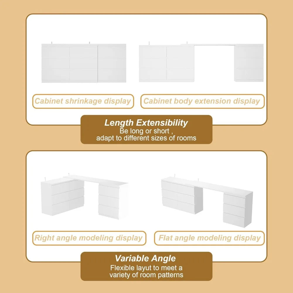 L-Shape Dressing Table with 9 Drawers Extendable Vanity Desk Dresser