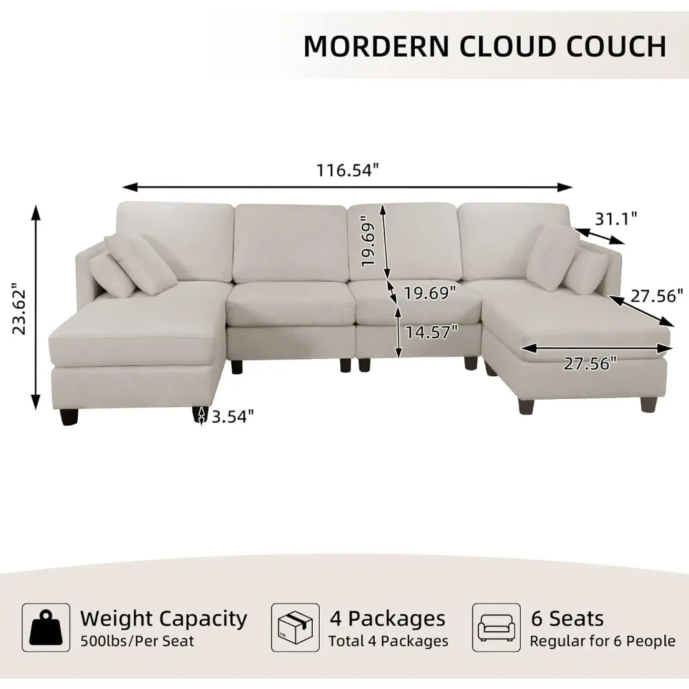 U-Shaped Sectional Couch with Double Ottoman Cloud Sectional Couches for Living Room 4 Seat Sofas