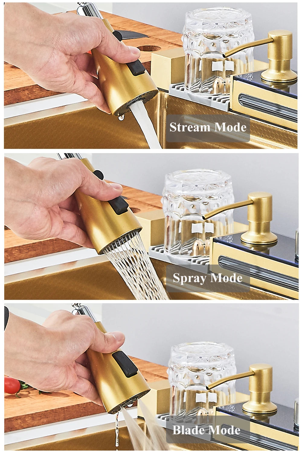 Gold Multifunctional Kitchen Waterfall Sink Digital Display 304 Stainless Steel