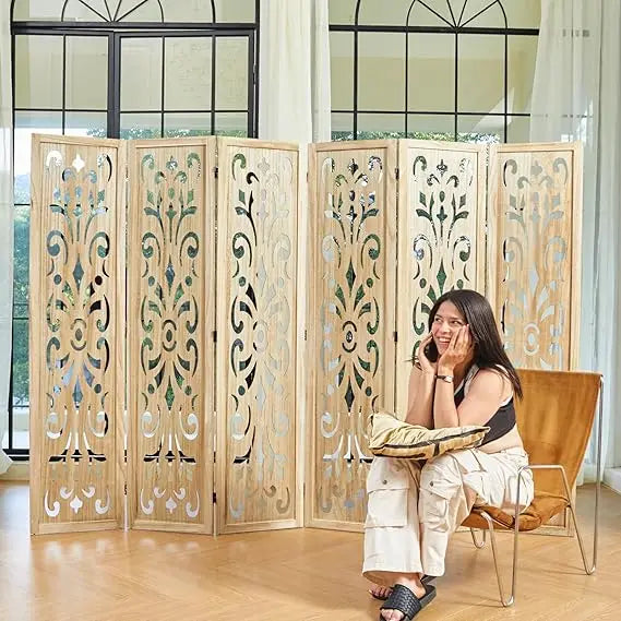 5.6Ft Room Divider Folding Wood Carved Partition Screen 6 Panels