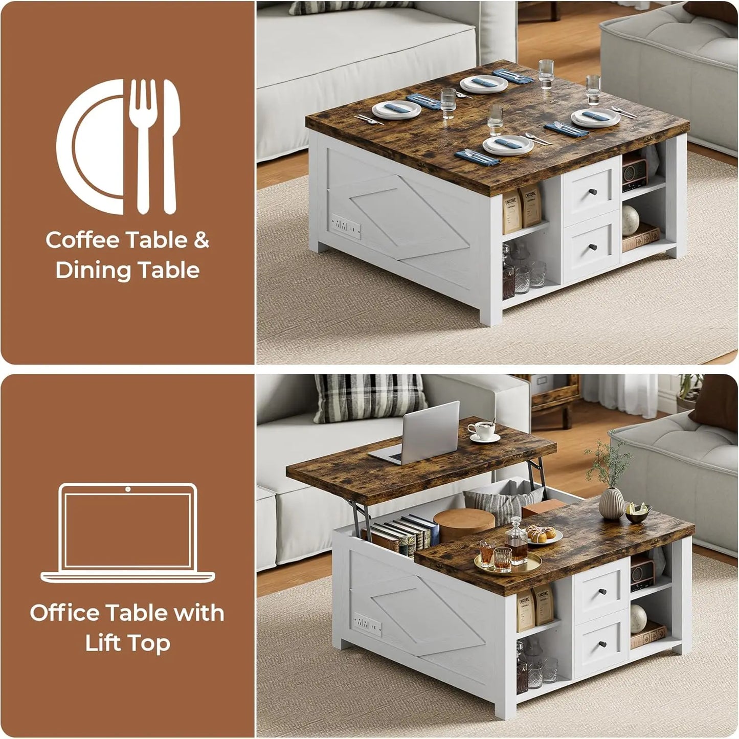 Lift Top Coffee Table Storage Modern Furniture Living Room Charging Station