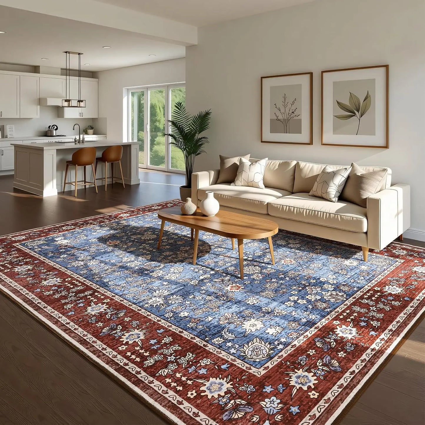 Ljustra Washable Area Rug Vintage Floral Print Non Slip Soft Carpet