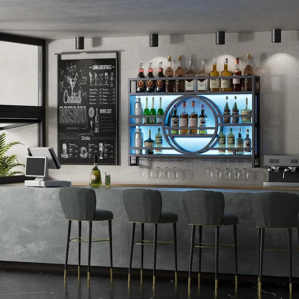 3-Tier Wall Mounted Wine Rack with LED Floating Bar Shelves