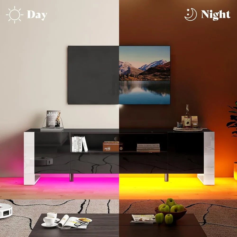 Modern 70 Inch TV Stand with LED Lights High Gloss Entertainment Center