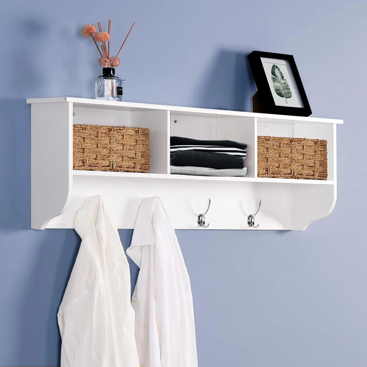 Contemporary Wall Mounted Coat Rack with Shelves and Hooks for Entryway