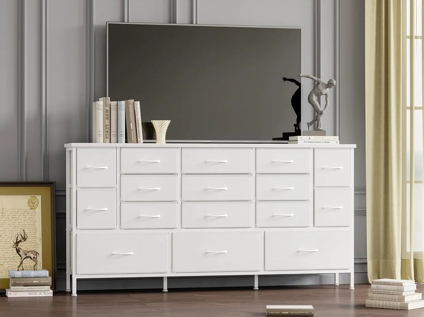 63 Inch Large TV Stand with 16 Drawers and Power Outlets for Storage