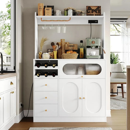 Kitchen Pantry Storage Cabinet Buffet Coffee Bar with Charging Ports