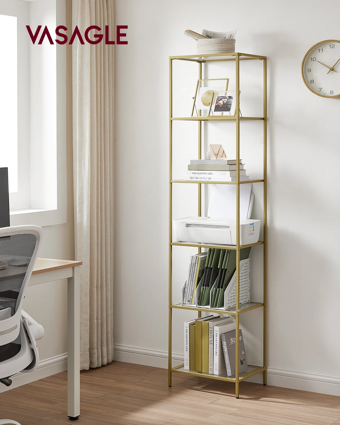 Ljustra 6-Tier Slim Bookshelf Tempered Glass Steel Frame Modern Design