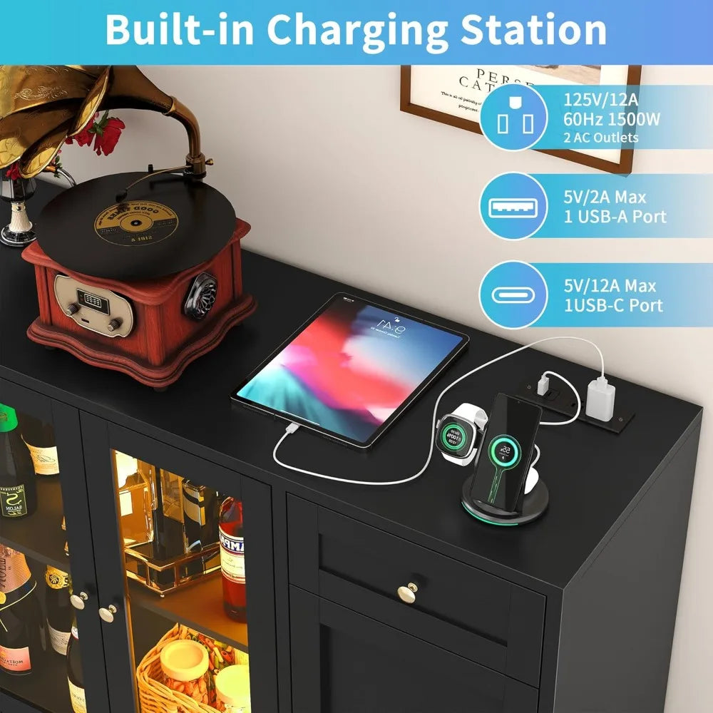 55 Inch Large LED Buffet Cabinet with Adjustable Shelves Charging Station