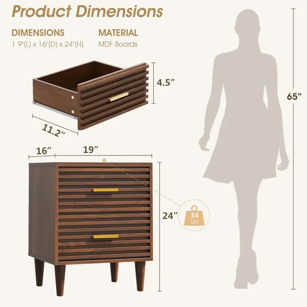 Mid Century Modern Bedside Table Nightstand with Drawers Storage