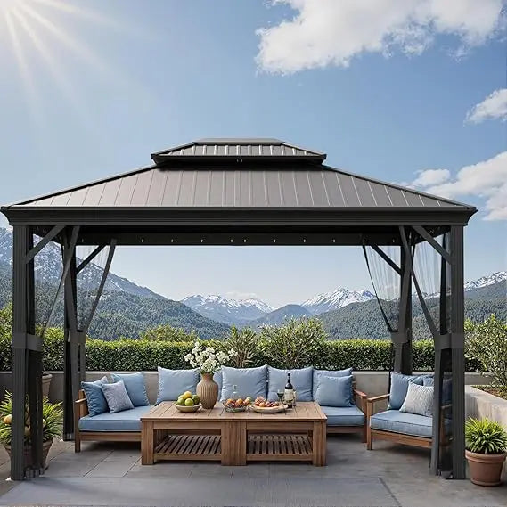 Sturdy 10x12 Aluminum Frame Gazebo with Steel Roof and Mosquito Netting