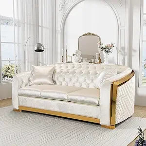 Ljustra Mid Century Modern Chesterfield Sofa Blue Gold Velvet Couch