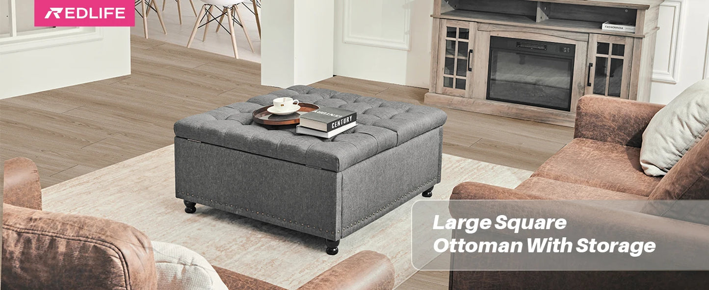 Ljustra Large Square Storage Ottoman Bench Lift Top Tufted Fabric Living Room