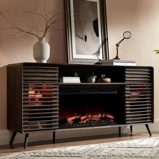 Fireplace TV Stand for 80 Inch TV Mid Century Modern Entertainment Center