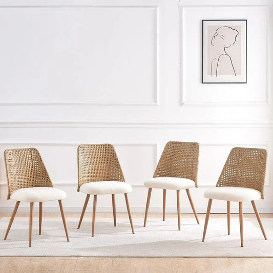 Rattan Dining Chairs Set of 4 Modern Boucle Kitchen Room Chairs