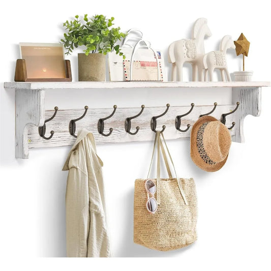 Rustic Wood Coat Rack Wall Mount with Shelf for Entryway Storage