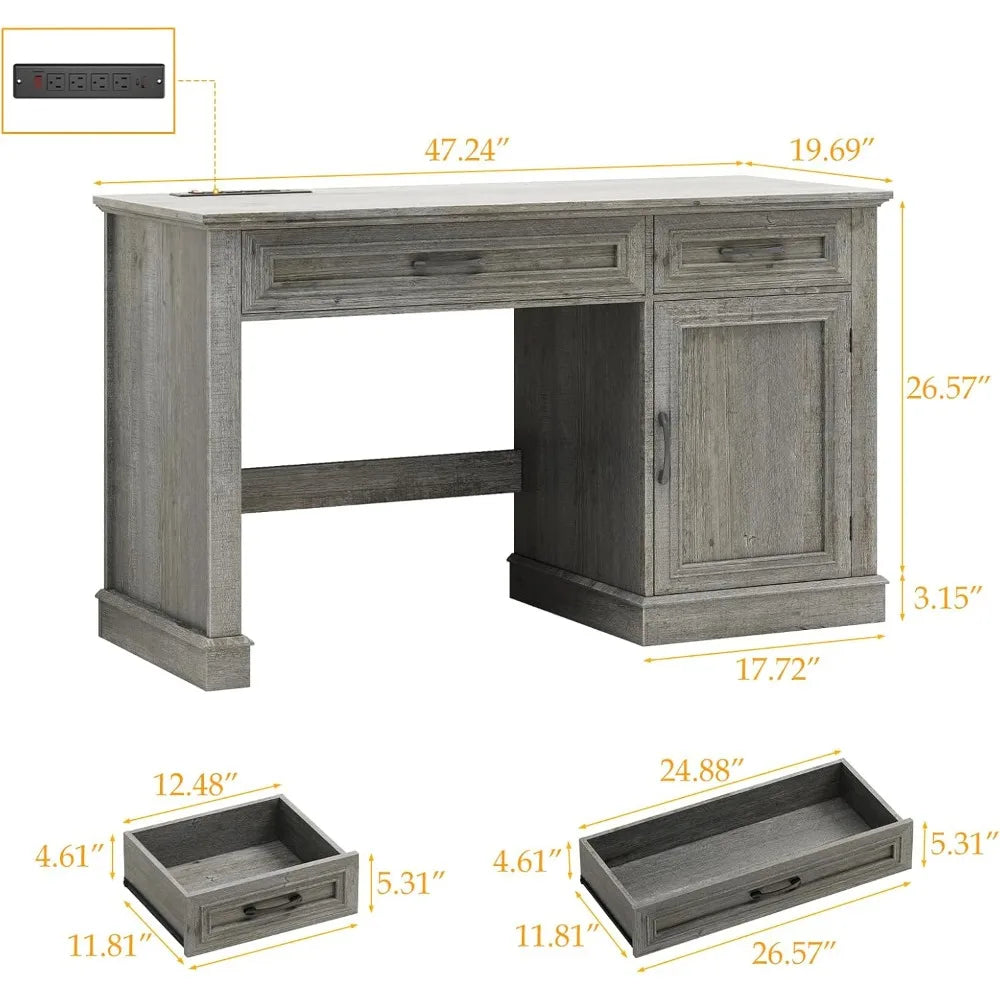 Rustic Farmhouse Executive Desk with Storage and Charging Station