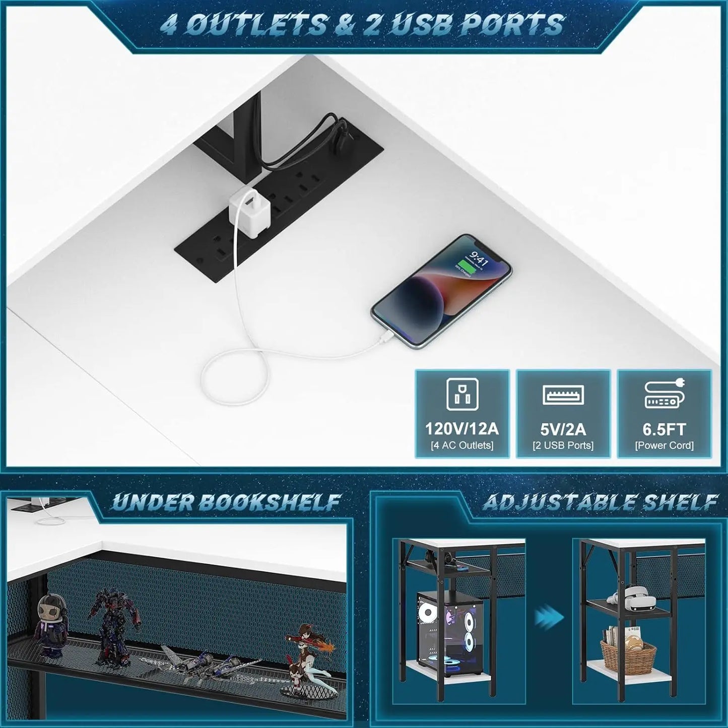 L Shaped Computer Desk with LED Strip Power Outlets Storage Shelf Gaming