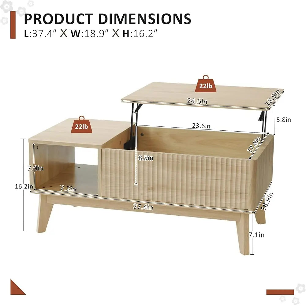 Fluted Lift Top Coffee Table with Hidden Compartment Modern Design